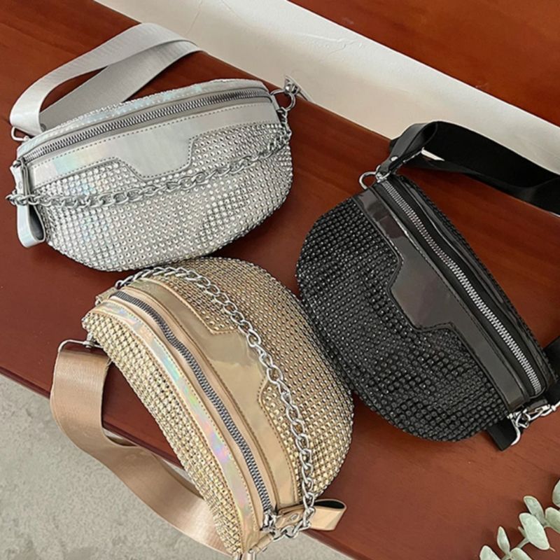 Bauchtaschen mit Strasssteinen und Glitzer Effekt und passender Gliederkette 