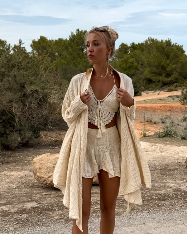 Musslin Baumwolle Kimono in beige-creme - Offener Cape aus Gauze Cotton 