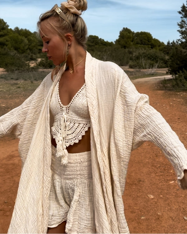 Musslin Baumwolle Kimono in creme-weiss - Boho Unisex Kimono