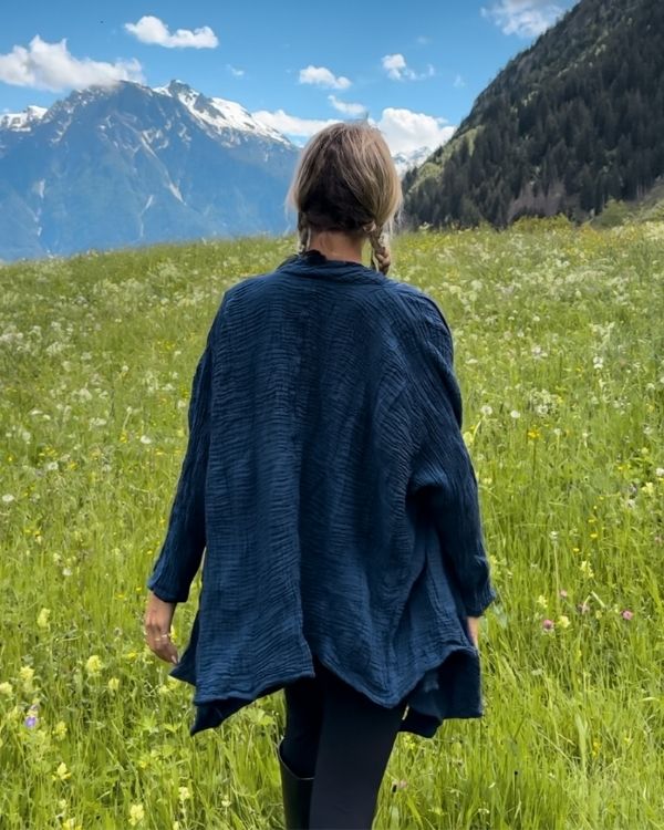 Dunkelblauer Musselin Baumwolle Kimono im Boho Hippie Look