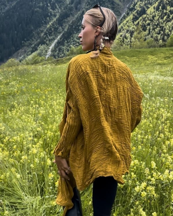Senf Gelber Mustard Kimono aus Gauze Cotton Musselin Baumwolle - Hochwertiger Cardigan im Boho Look