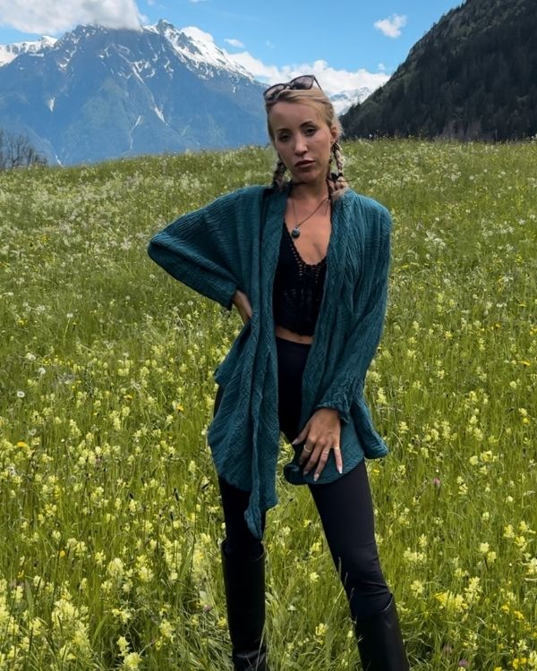 Musselin Baumwolle Kimono im Boho Look und in schönem türkis grün