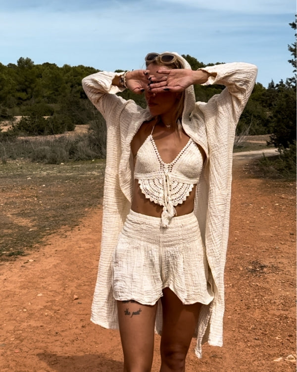 Creme weisser Kimono mit Kapuze und aus Musselin Baumwolle - Gauze Cotton Kimono