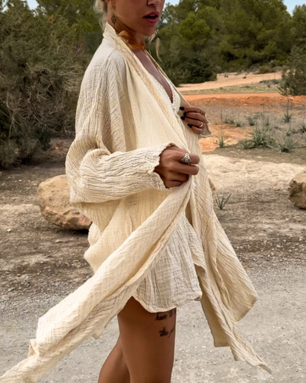 Creme-weisser Baumwolle Kimono für sommerliche Tage - Hochwertiger Musslin Baumwolle Cape Unisex 