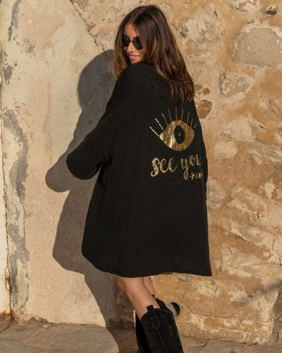 Schwarze Oversize-Bluse mit Fledermausärmeln und Aufdruck "See you" - Karma