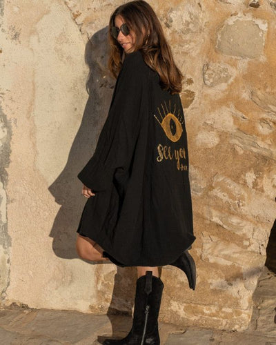 Stillvoller Damen Oversize Bluse mit goldener Aufschrift, see you Karma - Boho Fashion Sommer Bluse
