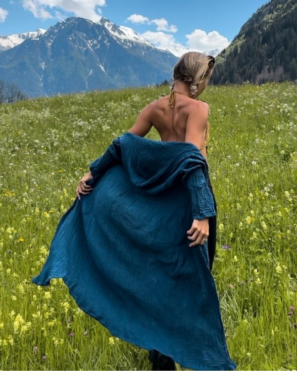 Türkiser langer Boho Kimono mit Kapuze und aus kuscheliger Gauze Cotton Musselin Baumwolle