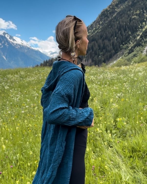 blauer langer Boho Baumwolle Kimono mit Kapuze 