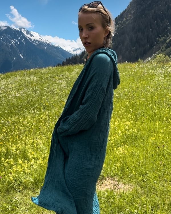 türkis grüner Kimono Cardigan mit Kapuze 