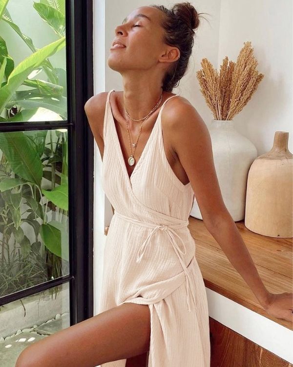 Baumwoll-Midi-Kleid in Creme weiss beige mit Spaghetti-Trägern