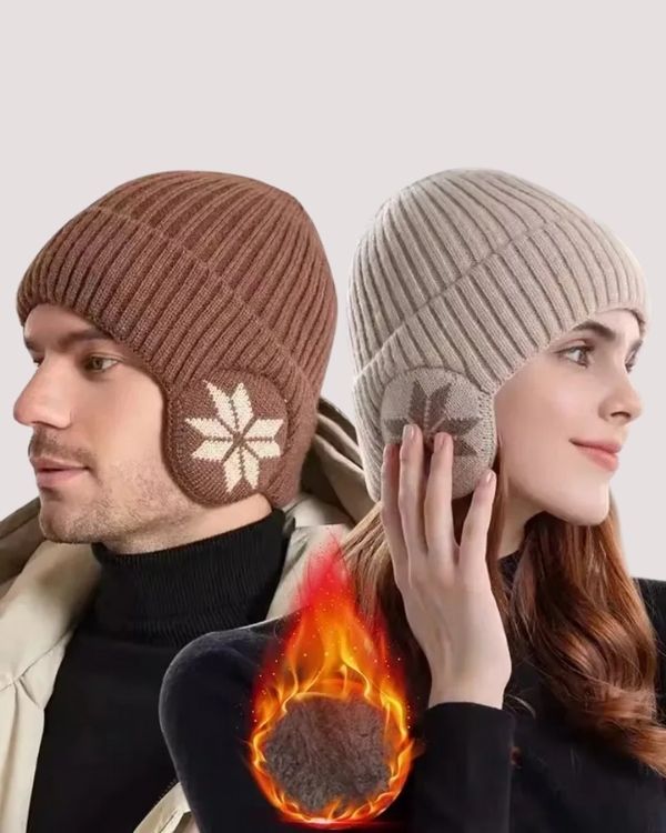 Unisex Wintermütze Strick Beanie mit Ohrenwärmer mit Schneeflocken Symbol