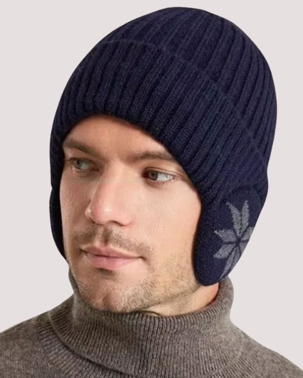 Dunkelblaue Wintermütze Beanie für Herren mit Schneeflocken Symbol Ohrenschützer 
