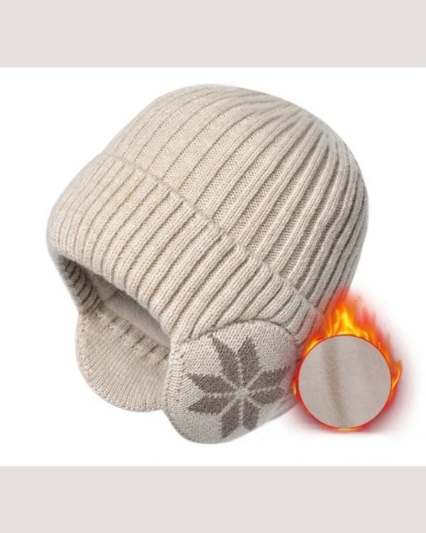 Creme Weisse Wintermütze Strick Beanie mit Ohrenschützer und Schneeflocken Symbol 