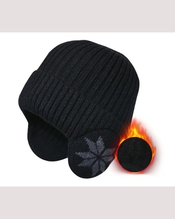 schwarze Wintermütze mit Fleece auf der Innenseite - Warme Kappe mit Schneeflocken Symbol