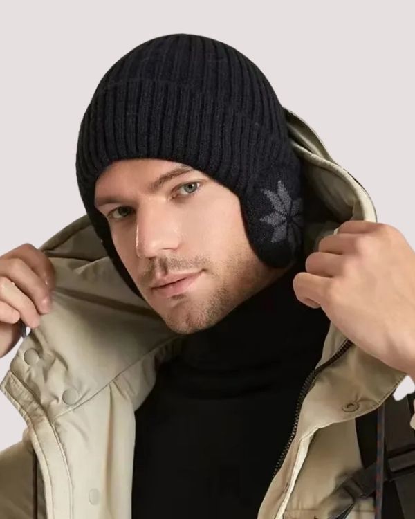 schwarze Beanie Strickmütze für Herren - Winter Kappe 