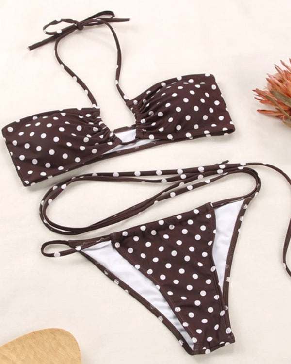 Bandeau Triangel Bikini Set in braun mit weissen Punkten