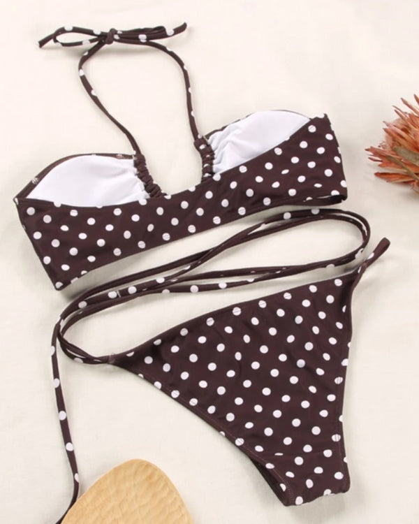 Vontage Retro Bikini Set mit Bandeau Bikini Oberteil und Badehose zum binden auf der Seite - Braunes Bikini mit weissen Punkten