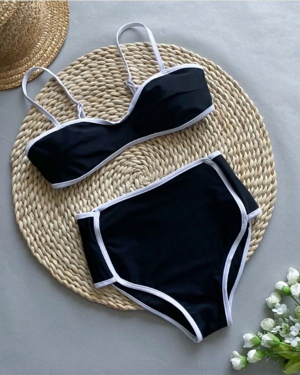 Sommer Bikini Set aus High-Waist Badehose und Bandeau Top mit Träger - Elegantes Classy Damen Bikini 