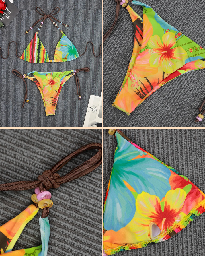 Damen Bikini mit exotischem Blumenmuster | Triangel Bikini mit Perlen