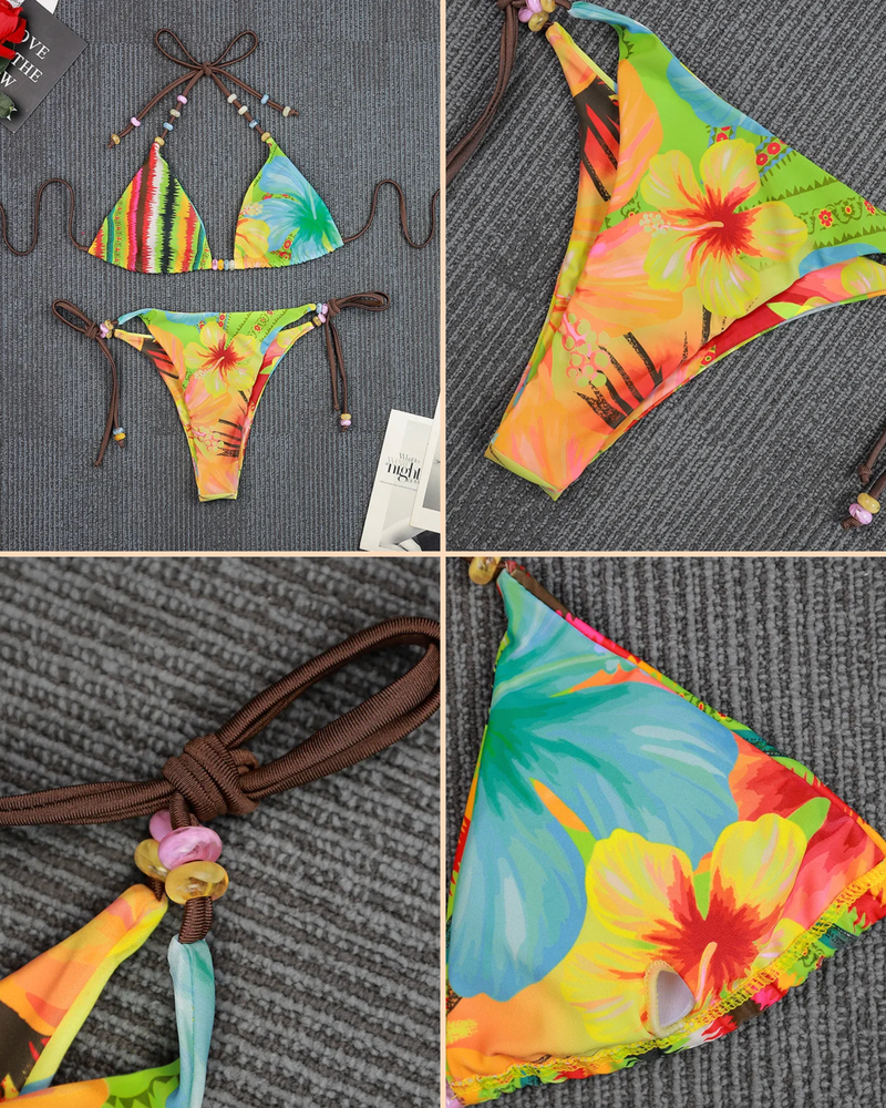 Damen Bikini mit exotischem Blumenmuster | Triangel Bikini mit Perlen