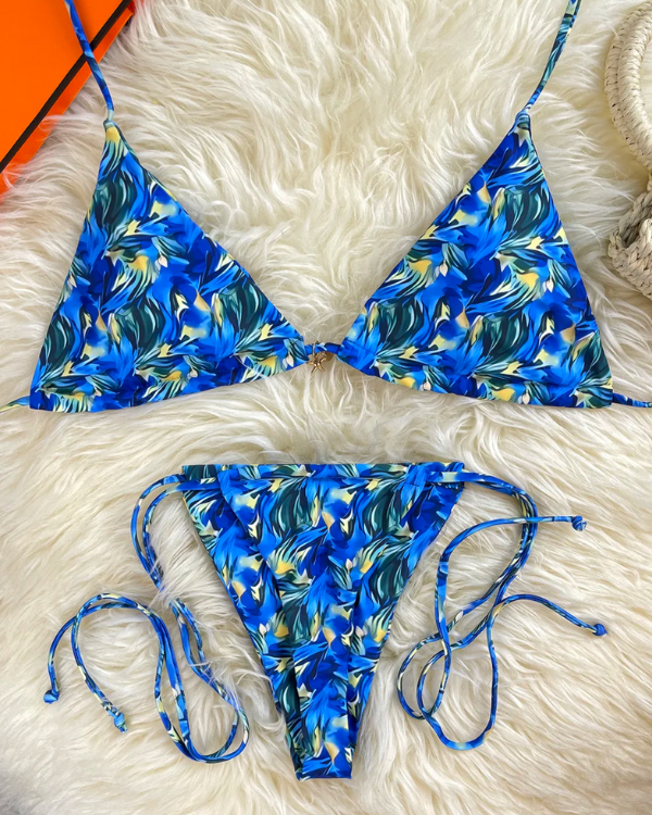 Blaues Triangel Bikini zum schnürren auf der Seite - Damen Sommer Bademode 
