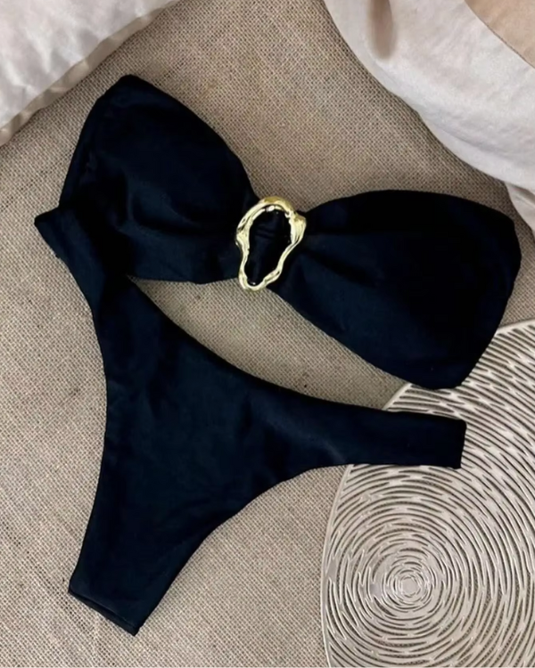 Schwarzer Bandeau-Bikini mit Goldring | Damen Bikini Set 