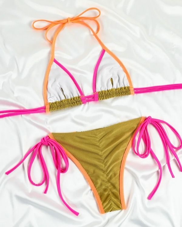 Bikini Set mit Triangel und Badehose zum binden auf der Seite - Farbiges Bikini im Surfer Look
