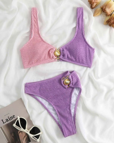 Zweifarbiges Damen Bikini Set in rosa-violett gemischt mit goldener Muschel 