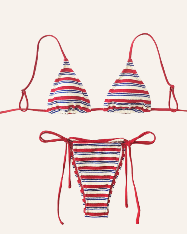 Gestreifter Bikini in Rot, Blau & Weiss aus Frottee Stoff - Triangel und Badehose zum binden