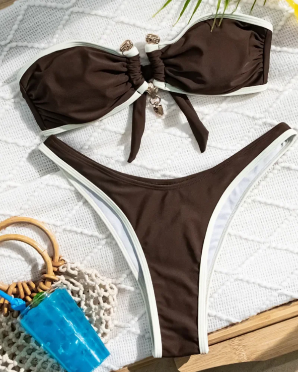 Bikini Set mit High-Waist-Schnitt - Boho Chic Bikini in braun-weiss 
