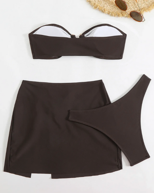Damen Bikini Set mit kurzem Rock - Braunes Boho Chic Bikini 