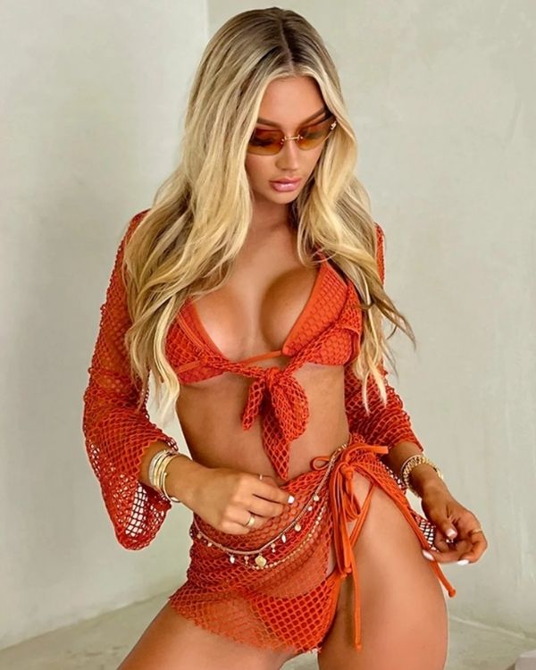 heisses Damen BikiniSet aus Triangel Oberteil, Brazilian Badehose zum binden, Wickelshirt und Pareo Rock im Netz Style 