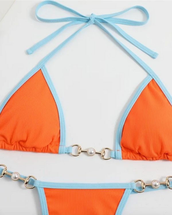 Orange blaues Damen Bikini mit Perlen Details 