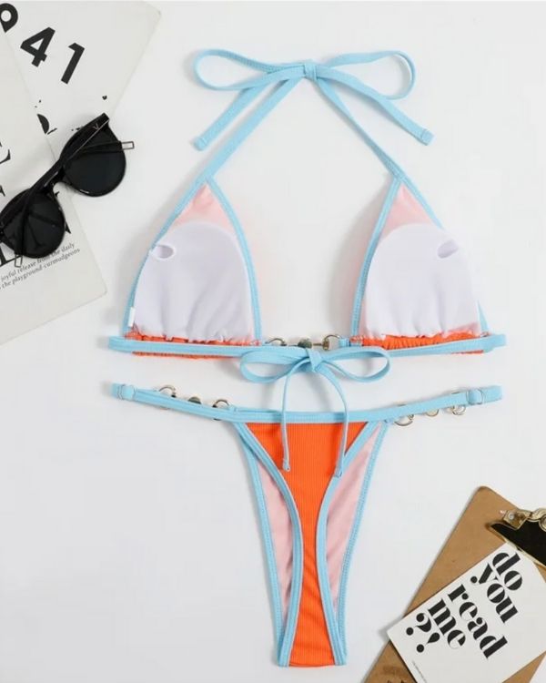 Sexy Damen Bikini in orange hellblau mit Polster zum rausnehmen und String  Brazilian Badehose