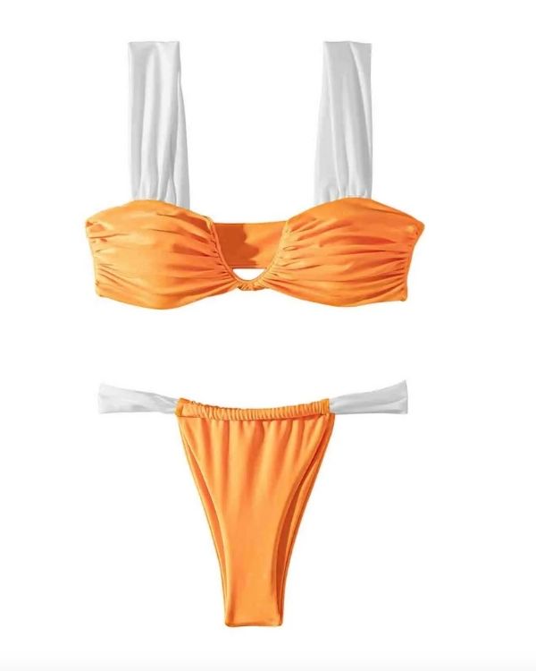Oranges Bikini Damen Set aus Triangel Bandeau Oberteil und passendem String Tanga mit breiten und weichen Bändern 