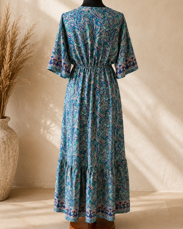 Boho Sommerkleid lang mit geraffter Taille | Langes Damen Kleid mit Ärmeln 