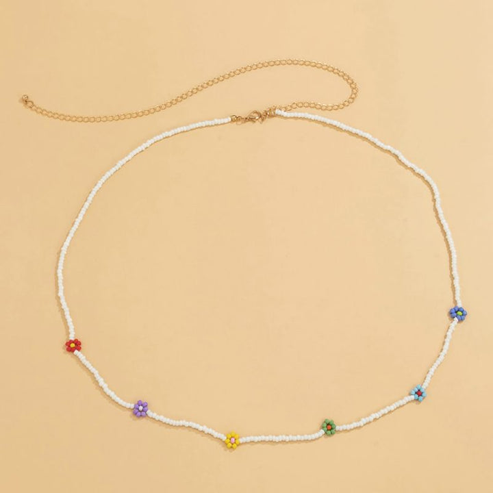 Weisse Perlen Bauchkette mit Blumen Symbolen - Farbige Blumen Modeschmuck Bauchkette Körperschmuck