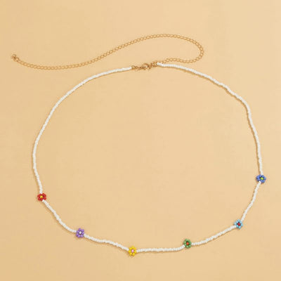Weisse Perlen Bauchkette mit Blumen Symbolen - Farbige Blumen Modeschmuck Bauchkette Körperschmuck