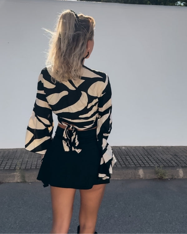 Elegantes Zebra Print Trompetenärmel Bluse Damen - Wickelbluse im Boho Look