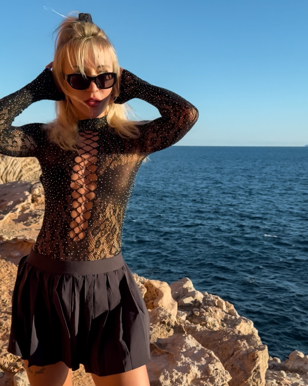 Schwarzer Bodystocking Body mit Cut-Outs und Glitzersteinen 