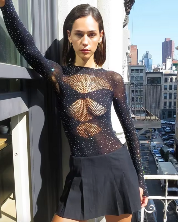 Bodystocking Damen Stretch Glitzer in schwarz | Fashion Trend Netzbody 