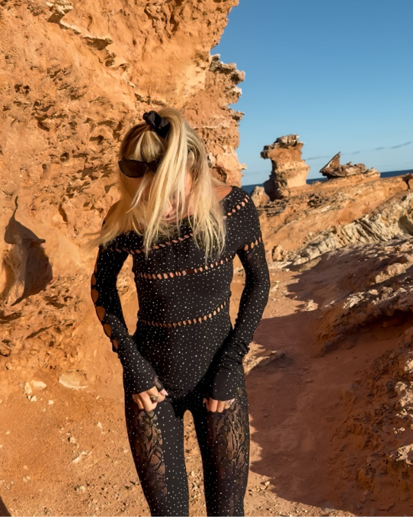 Sinnlicher Mesh Bodystocking schwarz | Glitzer und Cut-Outs Einteiler Damen 