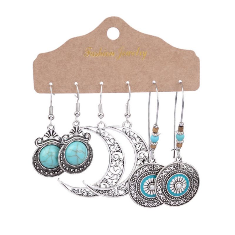 Silbernes Boho Ohrringe Set aus 3 diversen Ohrringen mit Halbmond Symbol und Edelsteinen in Türkis