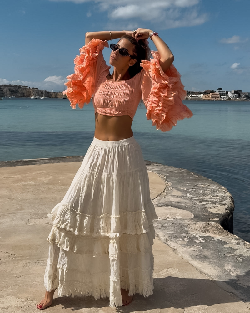 Baumwolle Creme Maxirock Damen | Boho Maxirock mit Volants 
