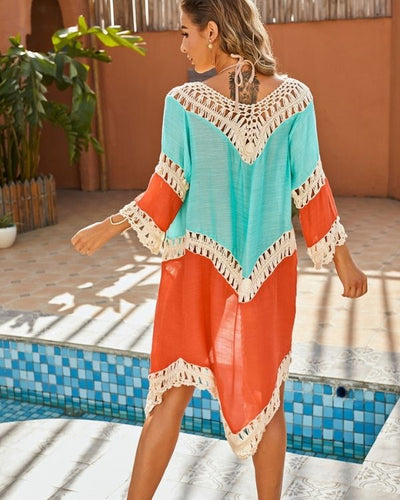 Sommerliche Damenbluse in Beige mit bunten Akzenten und Crochet-Verzierungen
