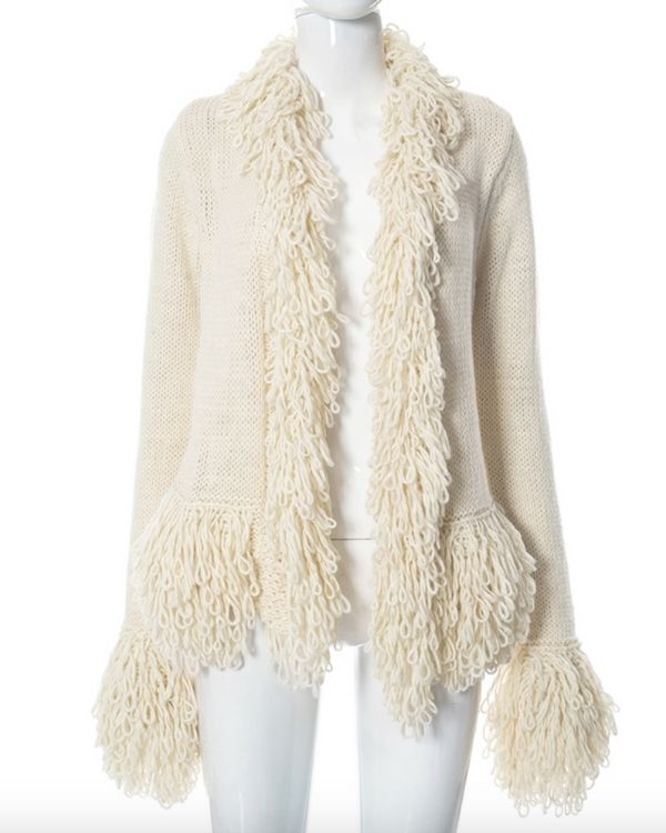 Creme weisse Boho Fransen Strickjacke Cardigan - Damen Strickjacken online bestellen 