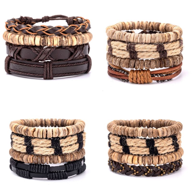 Herren Boho Armband-Set mit Holzperlen, geflochtenem Design und Kunstleder