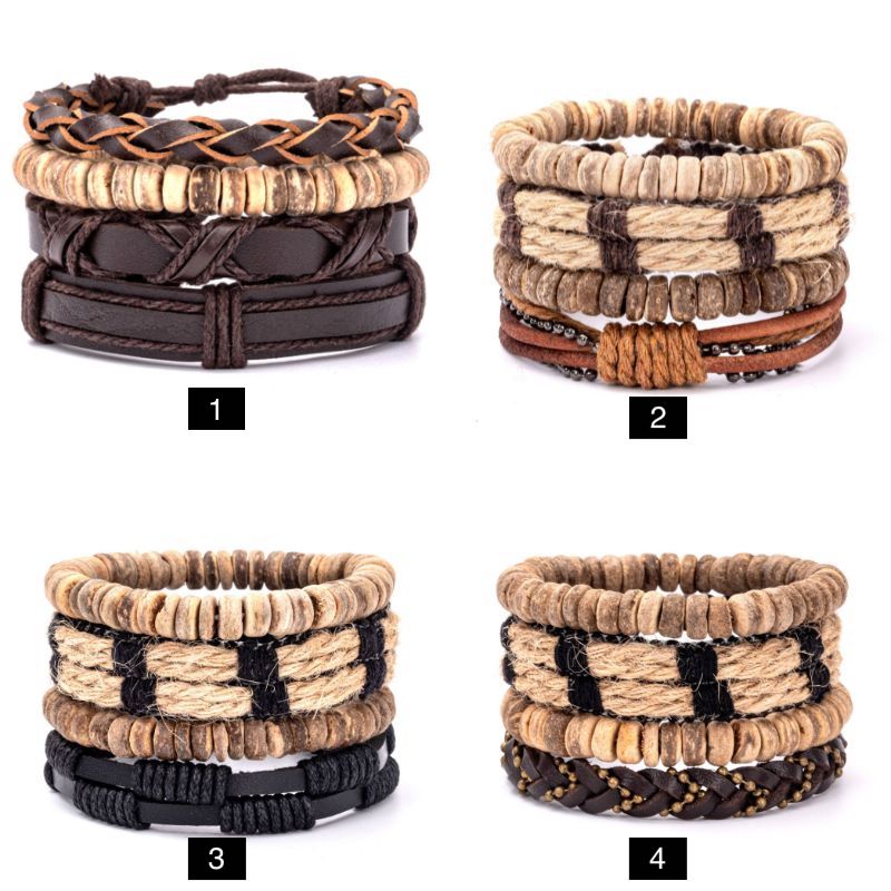 Männer Herren Armband Set aus diversen Armbändern, aus Perlen, Holt, geflochten und Kunstleder 