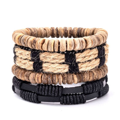 tilvolles Herren Armband-Set mit Holzperlen, geflochtenem Muster und Kunstleder für den perfekten Boho-Look