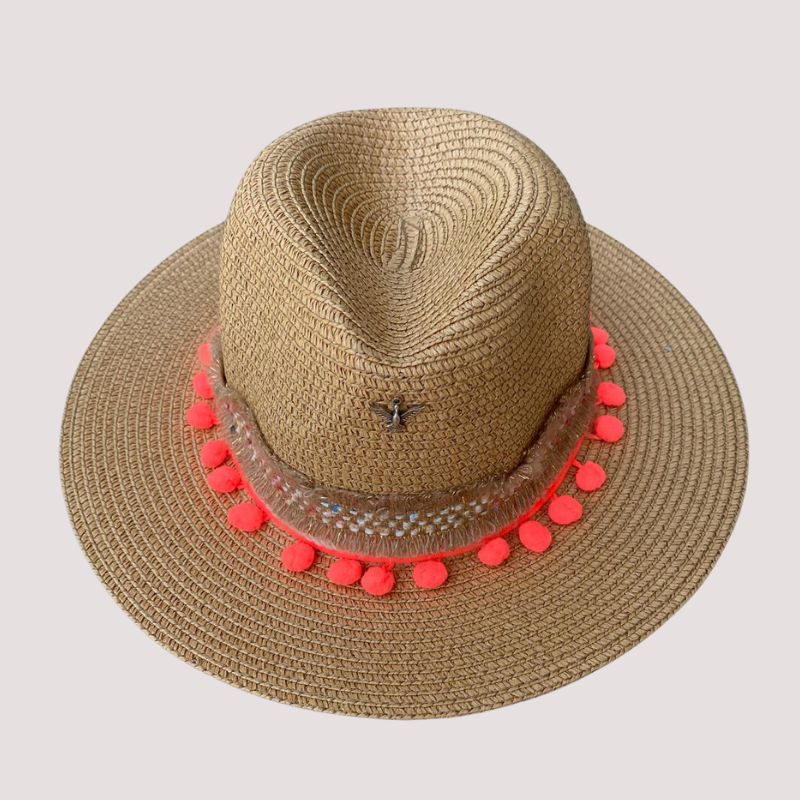 Strohhut aus Papier - Sommerhut mit orangen Pompom und Boho Details 